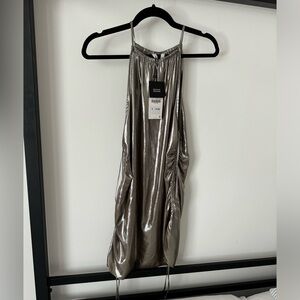 Silver metallic ruched dress with drawstring detail